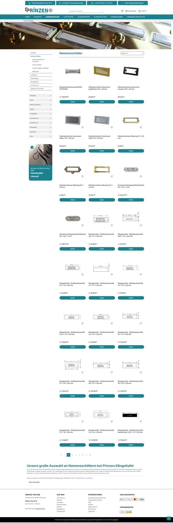 Klingeltafel-Onlineshop homepage, online shop built by Web Labels