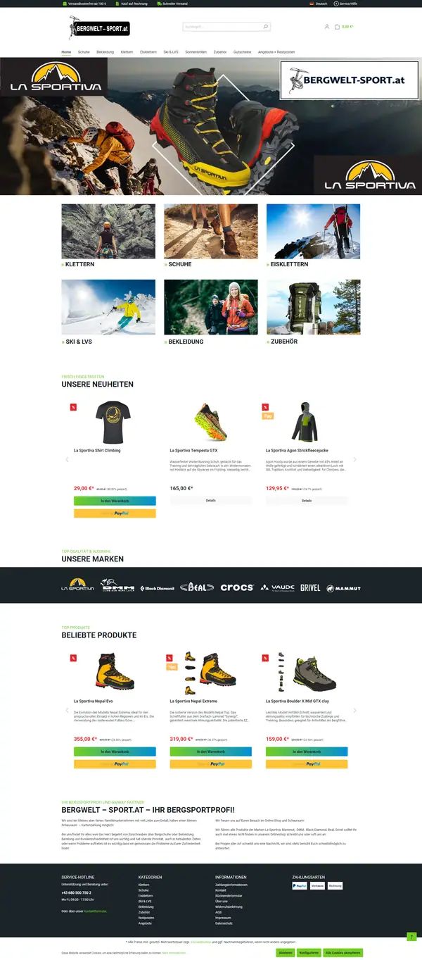 Home page of Bergwelt-Sport.at, online shop built by Web Labels