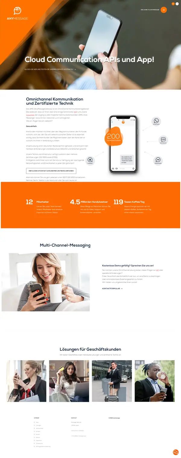 Home page of Anymessage, website built by Web Labels