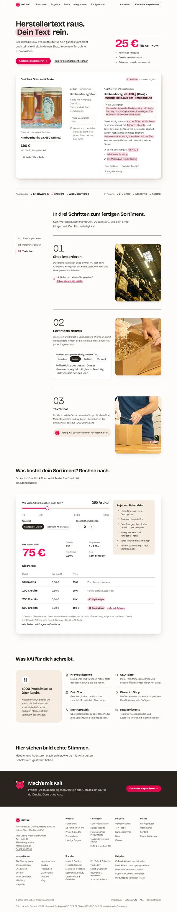 Startseite von mitKai, KI-Produkttexte für Onlineshops