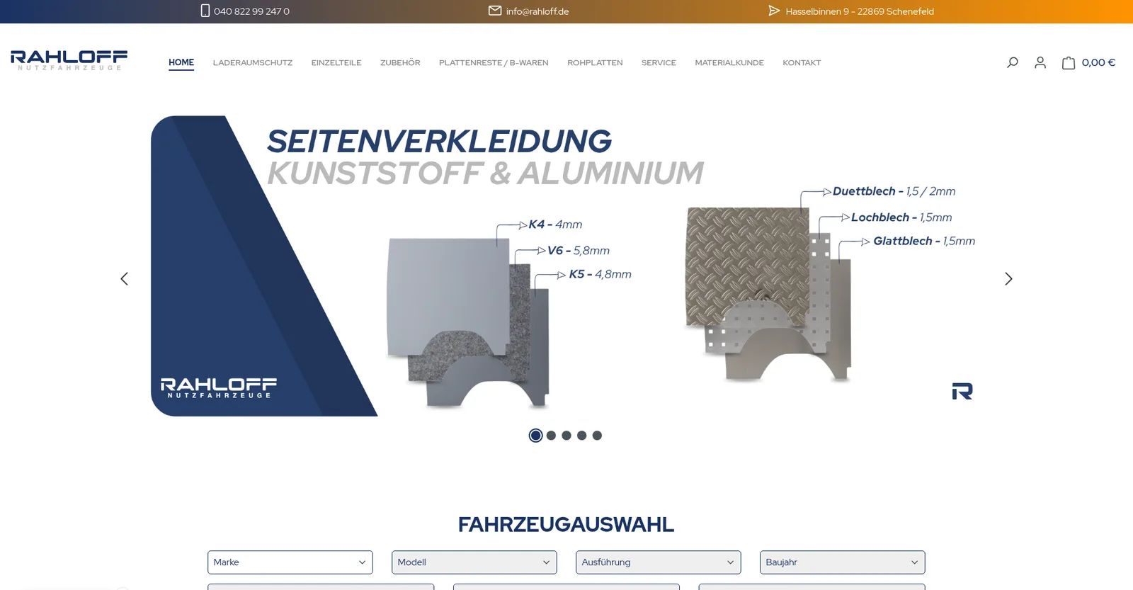 Rahloff Nutzfahrzeuge homepage with vehicle selection, online shop with Web Labels