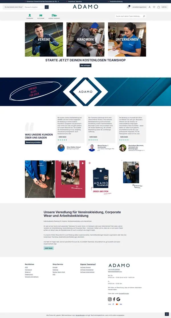 Home page of Adamo, online shop built by Web Labels