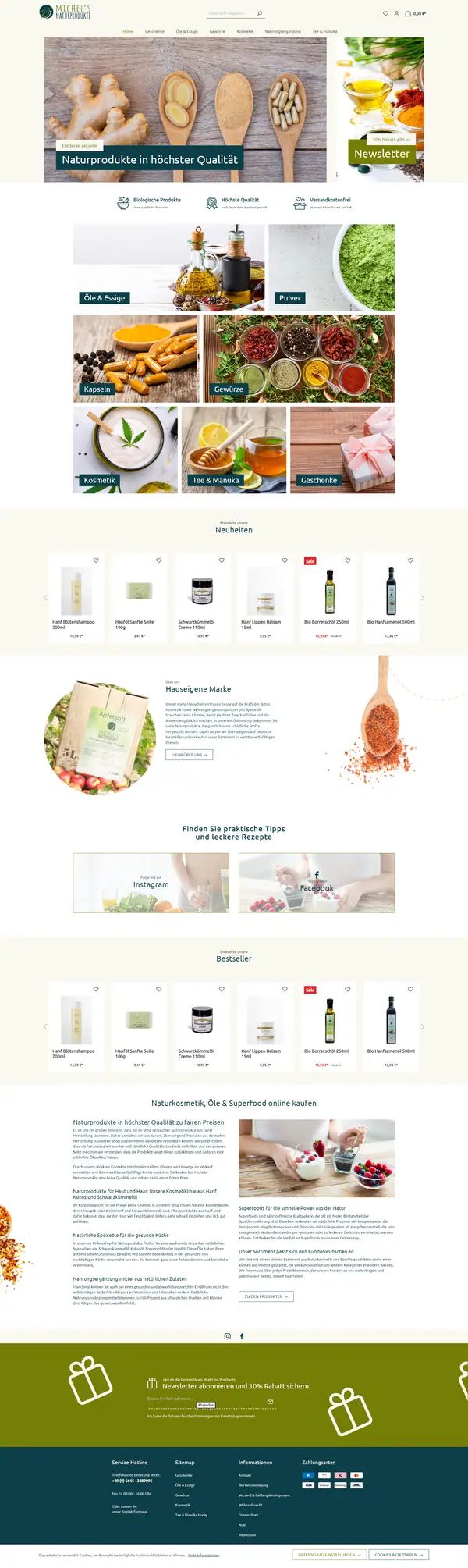 Michel's Naturprodukte homepage, online shop built by Web Labels