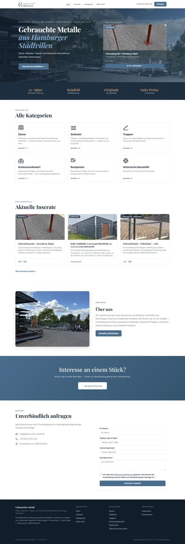 Homepage of the Gebrauchtes Metall website, built by Web Labels with Modiva