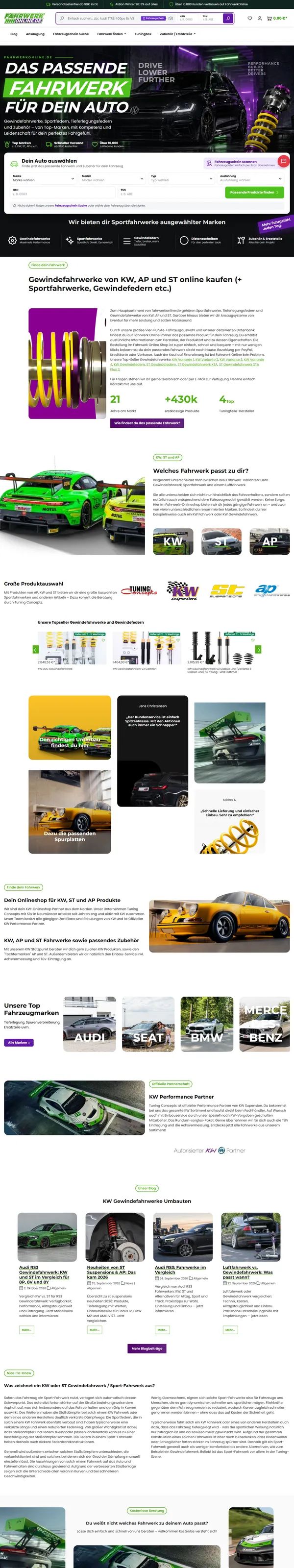 Home page of Fahrwerkonline, online shop built by Web Labels