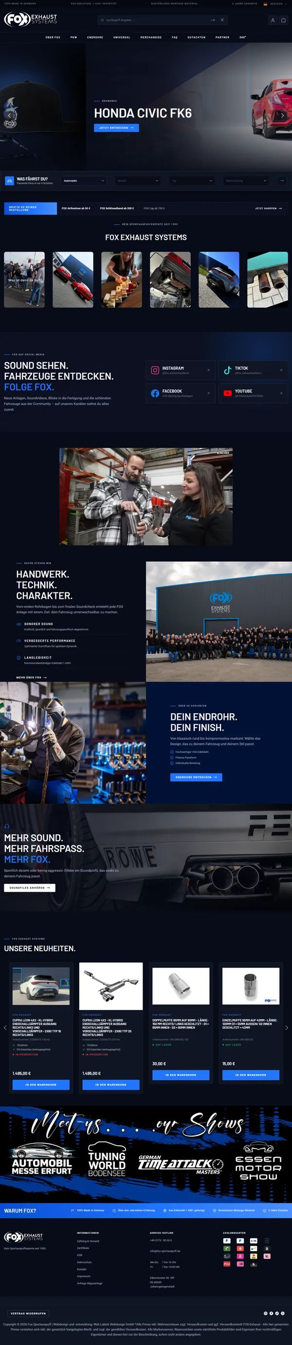 Homepage of the FOX Exhaust Systems online shop, built by Web Labels