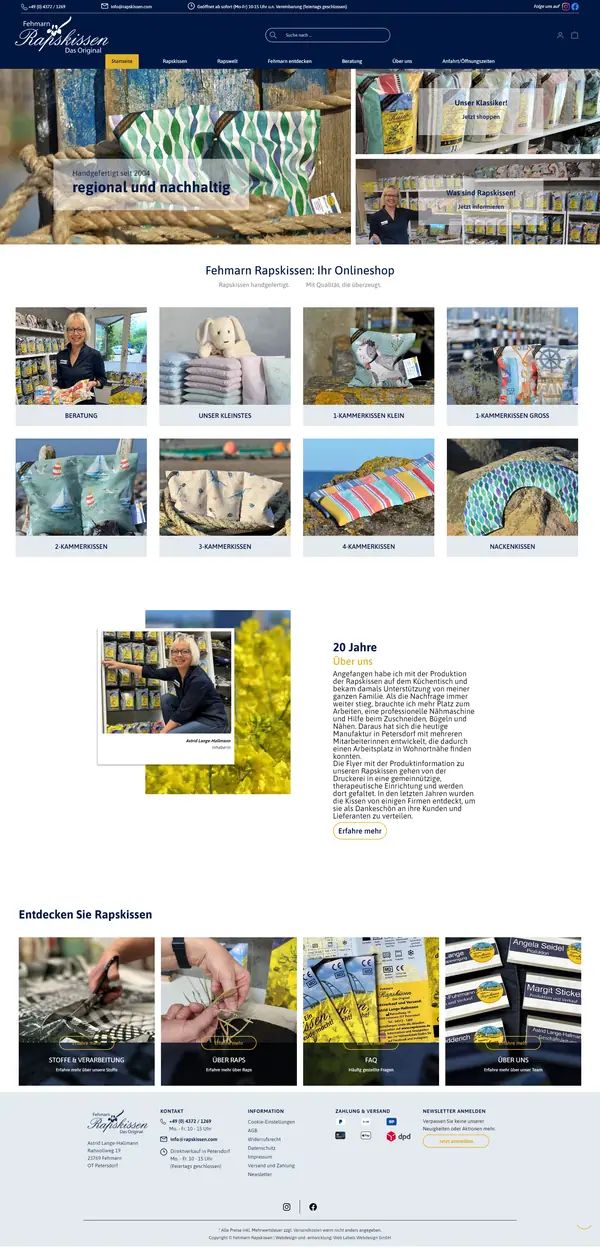 Home page of Fehmarn Rapskissen, online shop built by Web Labels