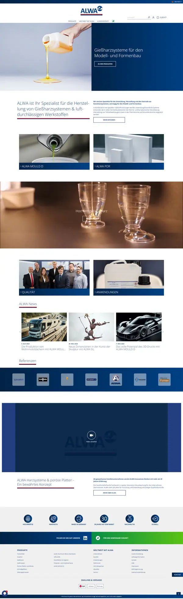 Home page of ALWA Technische Produkte, online shop built by Web Labels
