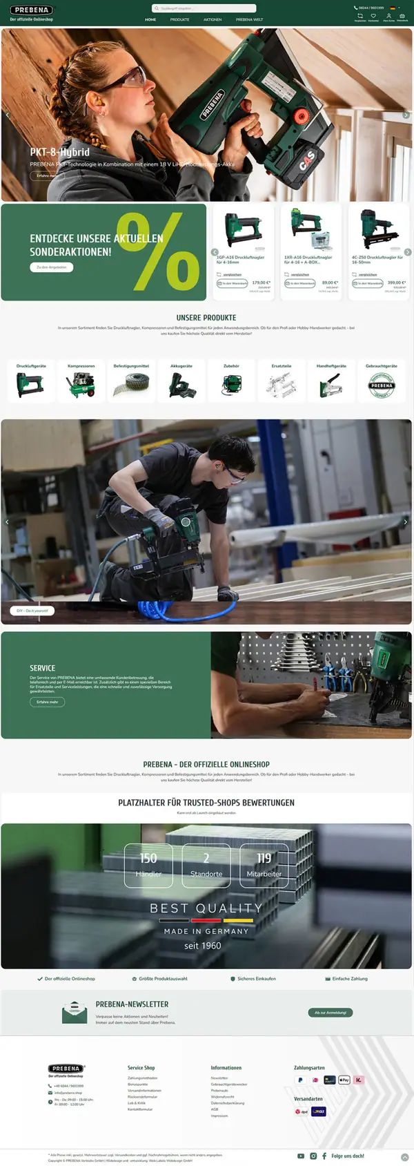 Startseite von Prebena, Onlineshop umgesetzt von Web Labels