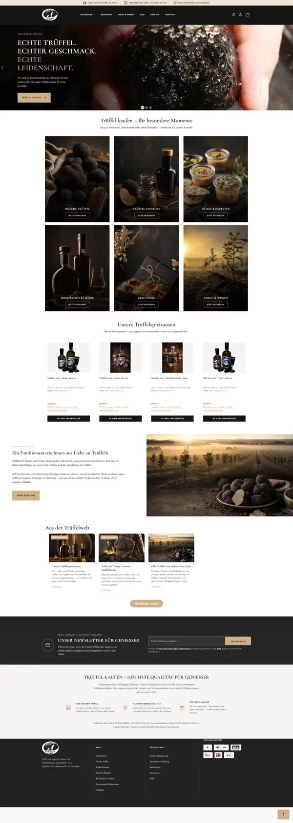Trüffeljäger homepage, online shop built by Web Labels