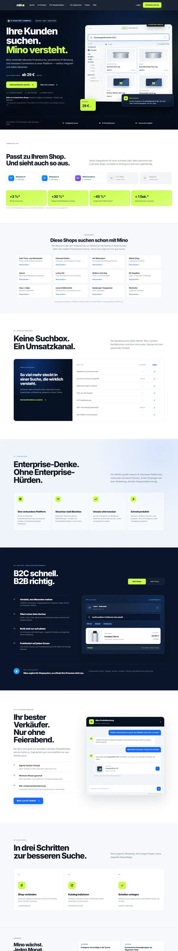 Minofinder homepage with AI search and product advice for online shops