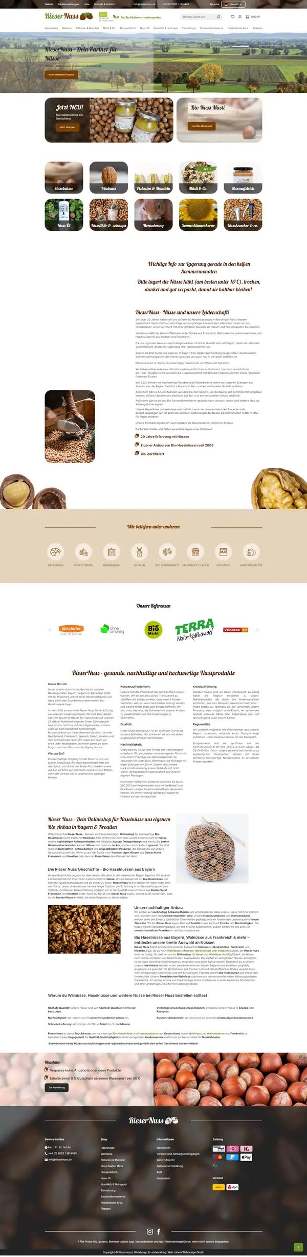 Rieser Nuss homepage, online shop built by Web Labels