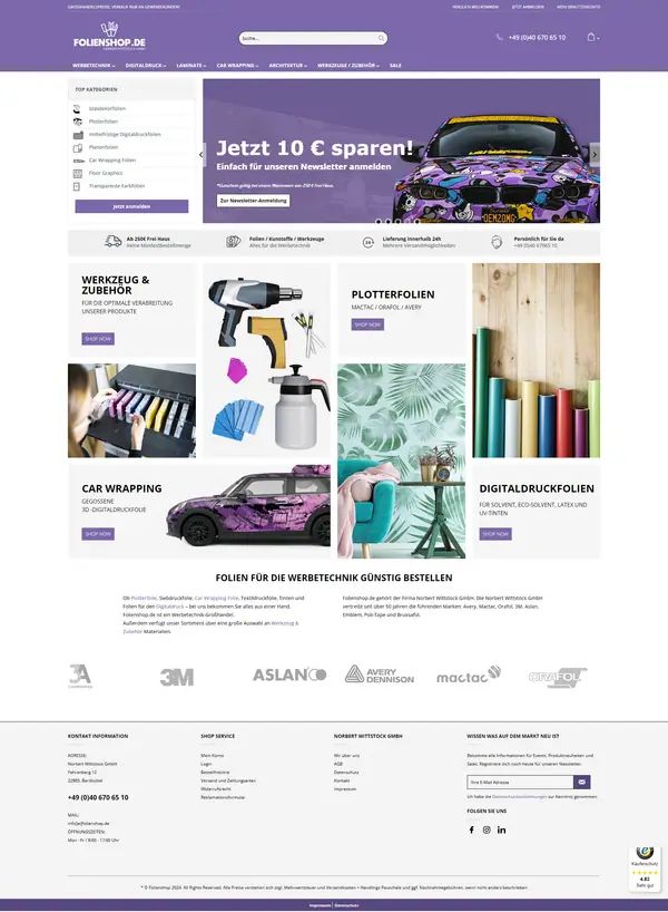 Startseite von Folienshop.de, Onlineshop umgesetzt von Web Labels