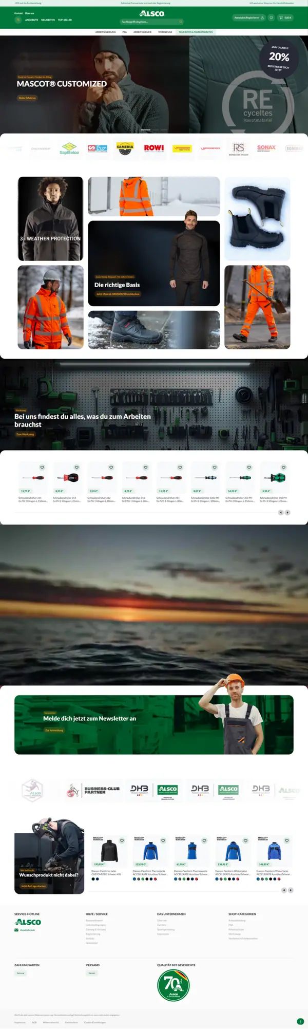 Home page of Alsco Berufskleidungs-Service GmbH, online shop built by Web Labels