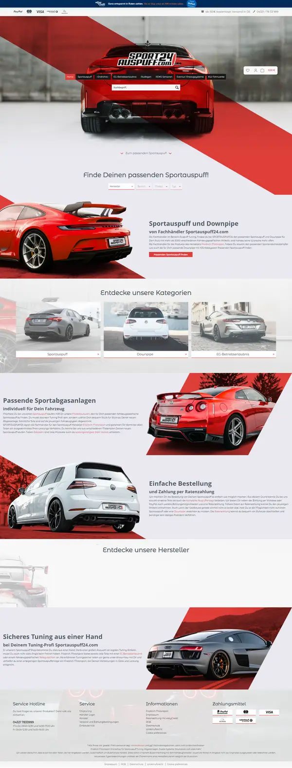 Sportauspuff24 homepage, online shop built by Web Labels
