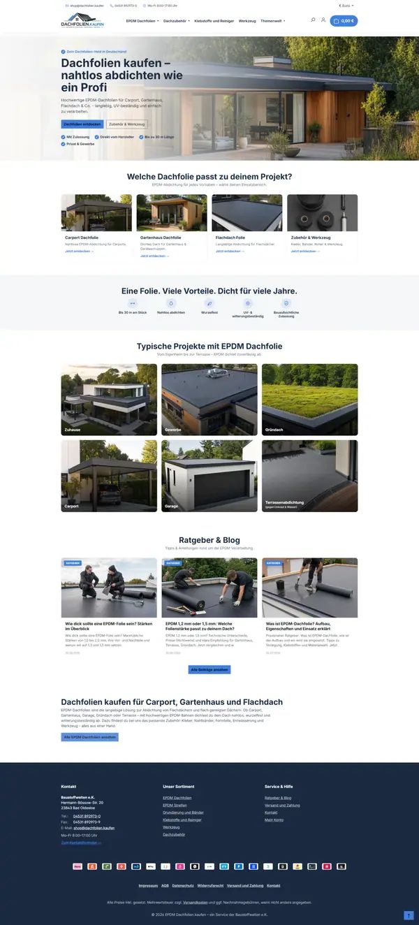 Home page of Dachfolien kaufen, online shop built by Web Labels