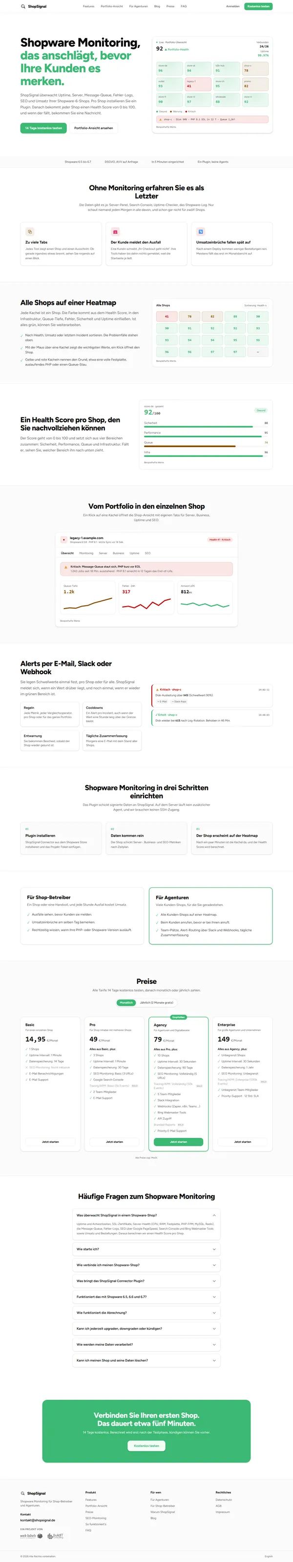 Startseite von ShopSignal, Monitoring für Shopware-6-Shops von Web Labels