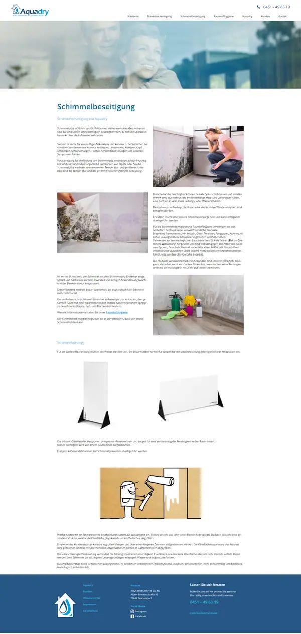 Home page of Aquadry, website built by Web Labels