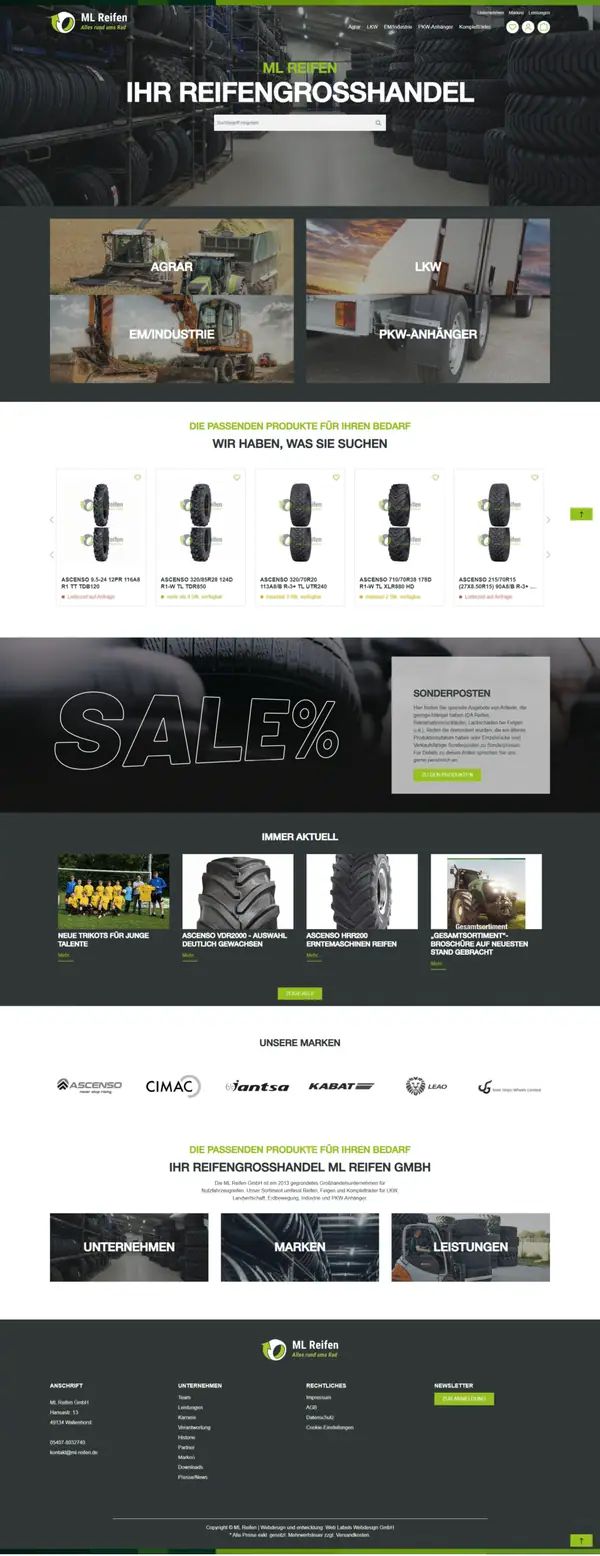 ML Reifen homepage, online shop built by Web Labels