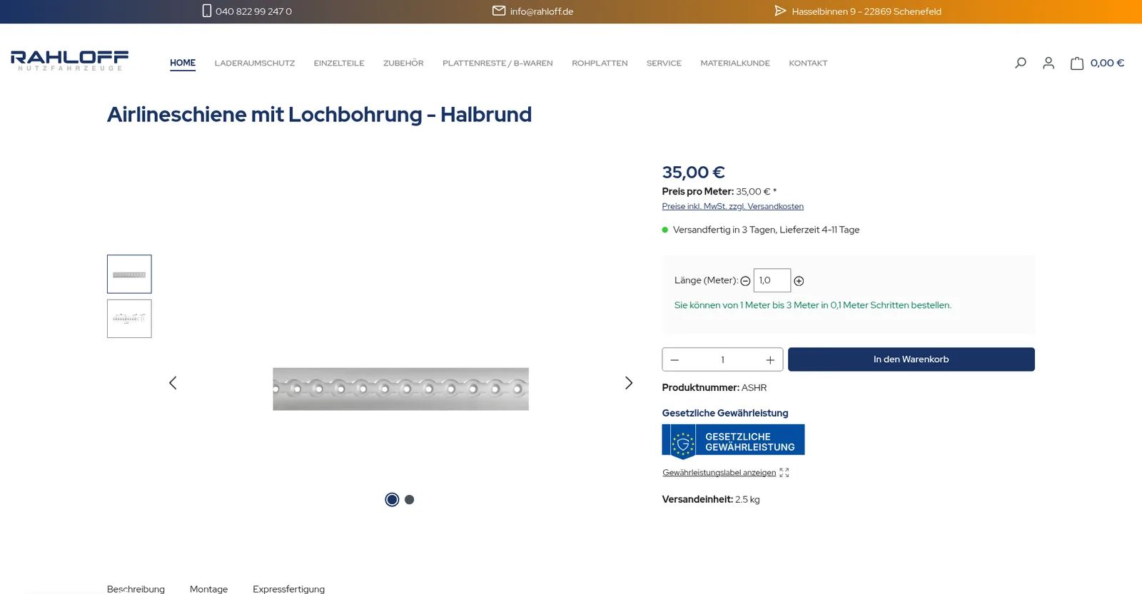 Rahloff Nutzfahrzeuge product detail page with length selection in metres