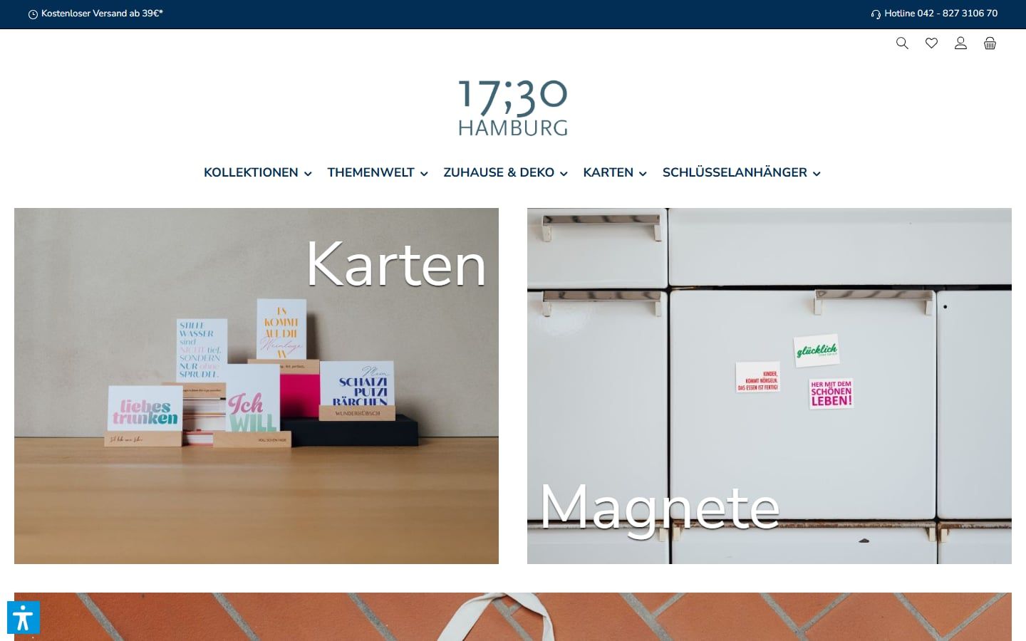 Startseite des Shopware-Shops von 17;30 Hamburg mit Karten und Magneten, angebunden an den Großhandelsmarktplatz Faire von Web Labels