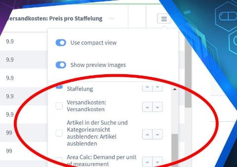 Shopware-6-Plugin Admin-Produktübersicht mit Zusatzfeldern von Web Labels: Ansicht der Funktion