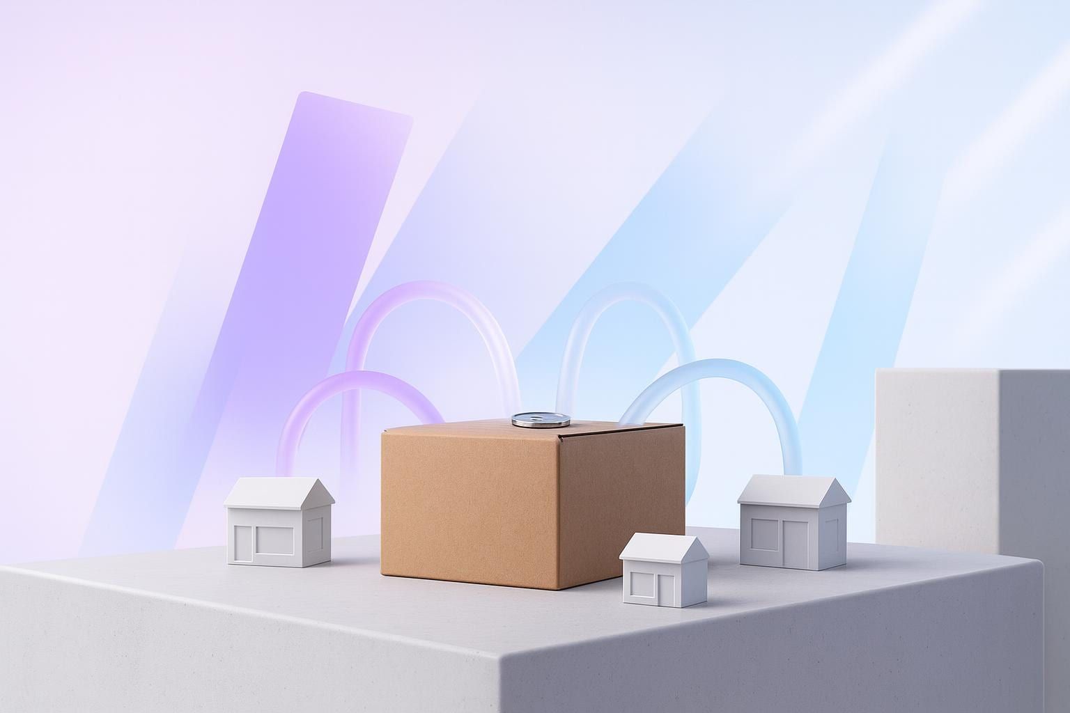 Versandkarton, verbunden mit kleinen Ladengeschäften als Sinnbild für Affiliate Marketing mit ADCELL