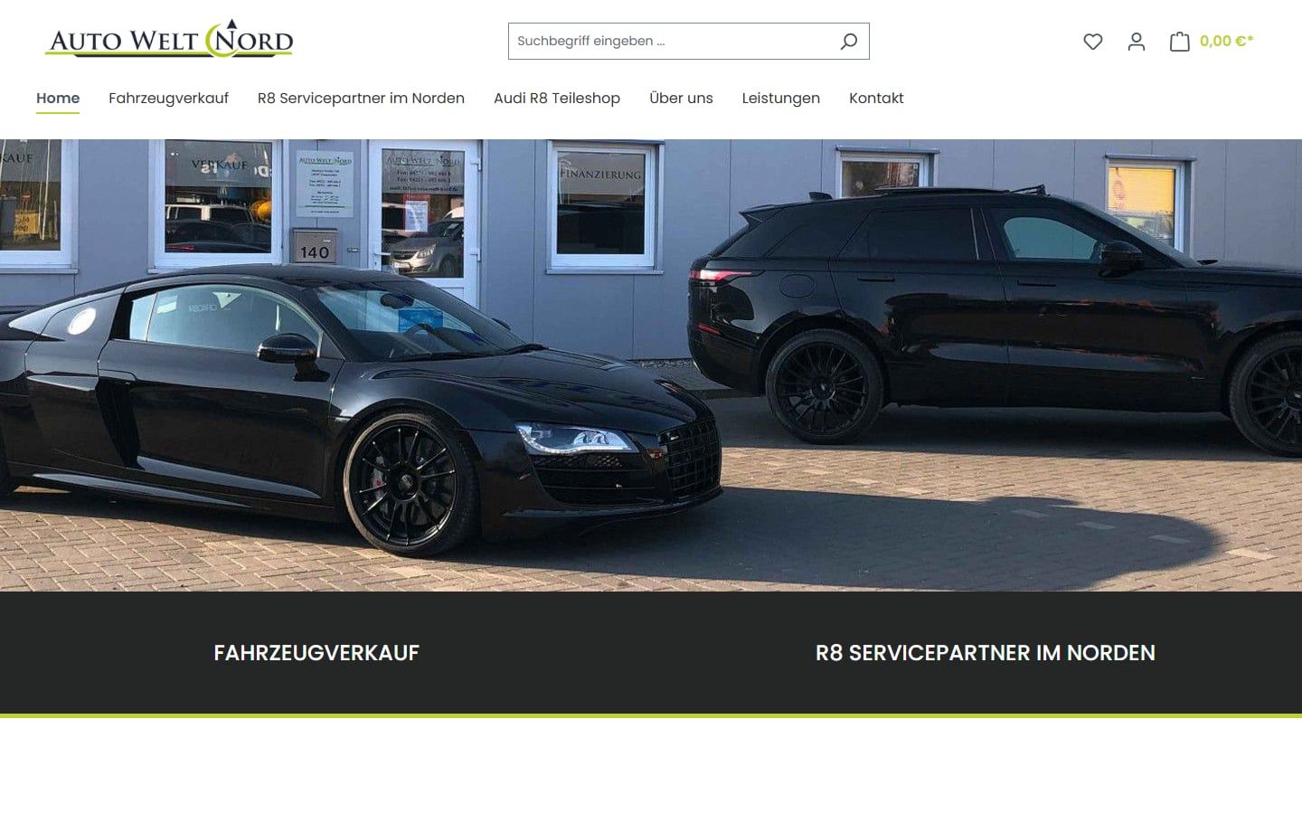 Startseite des Shopware-6-Shops von Auto Welt Nord mit Audi R8 vor dem Autohaus, umgesetzt von Web Labels