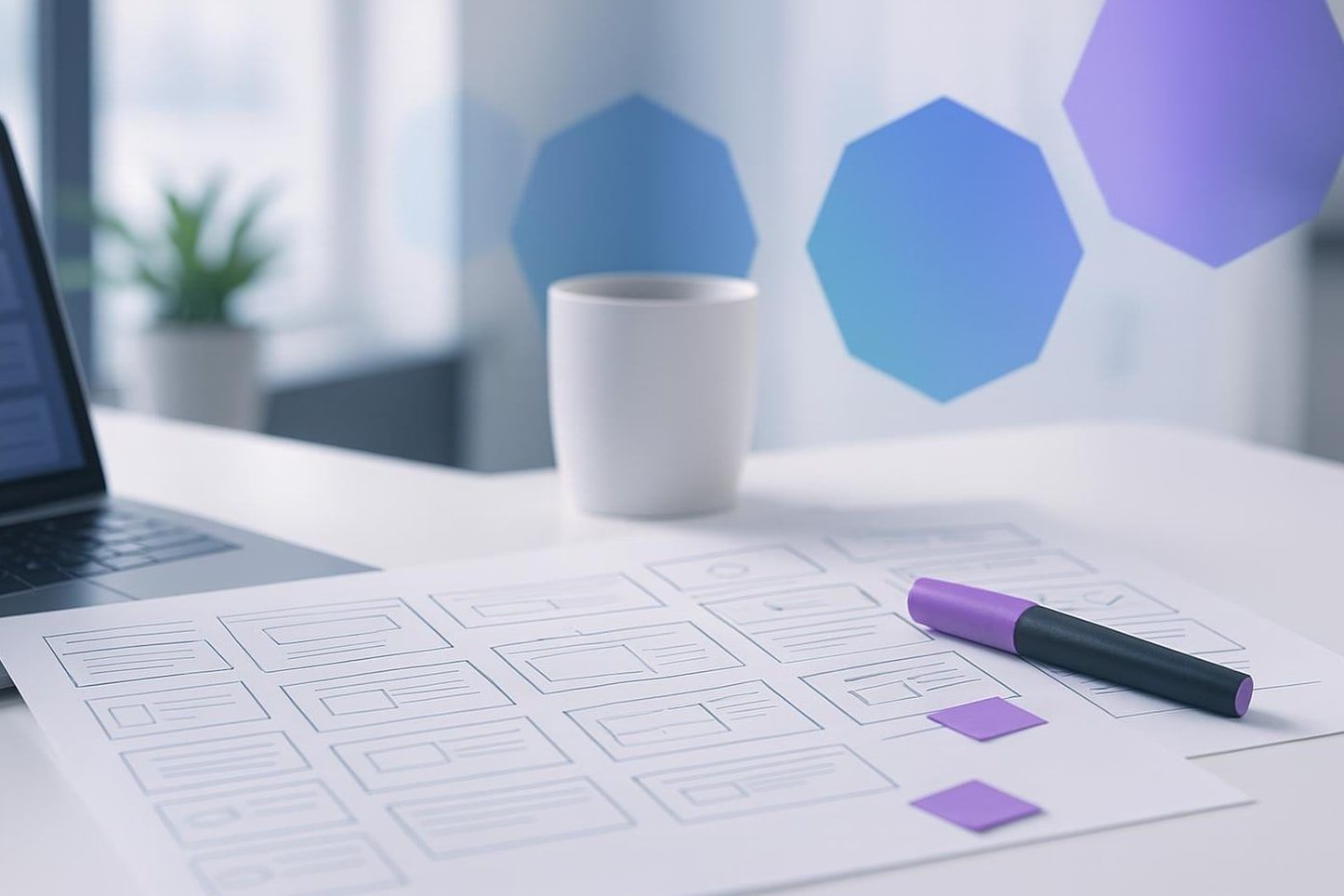 Ausgedruckte Websites mit violetten Markern und Laptop mit geprüfter Linkliste als Sinnbild für die Recherche beim Backlink-Building