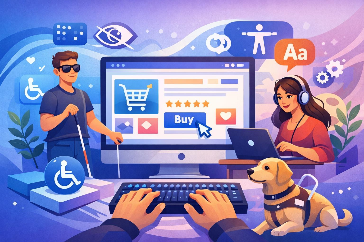 Illustration zum Beitrag: barrierefreier Onlineshop mit Screenreader, Tastatur und Assistenzhund