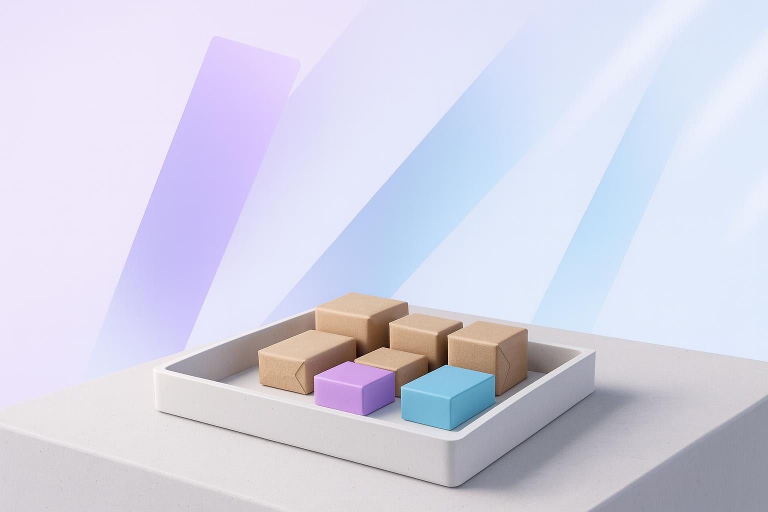 Sortierschale mit kleinen Paketen, darunter ein violettes und ein hellblaues als Sinnbild für Base Shopware Agentur