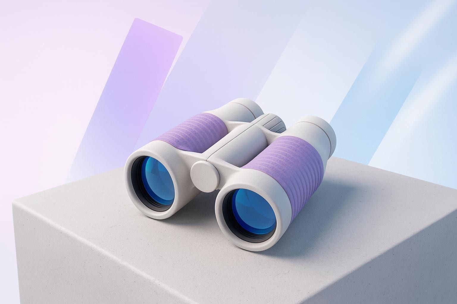 Fernglas in Weiß und Lavendel auf einer Betonplatte als Sinnbild für neue Zielgruppen mit Bing Ads