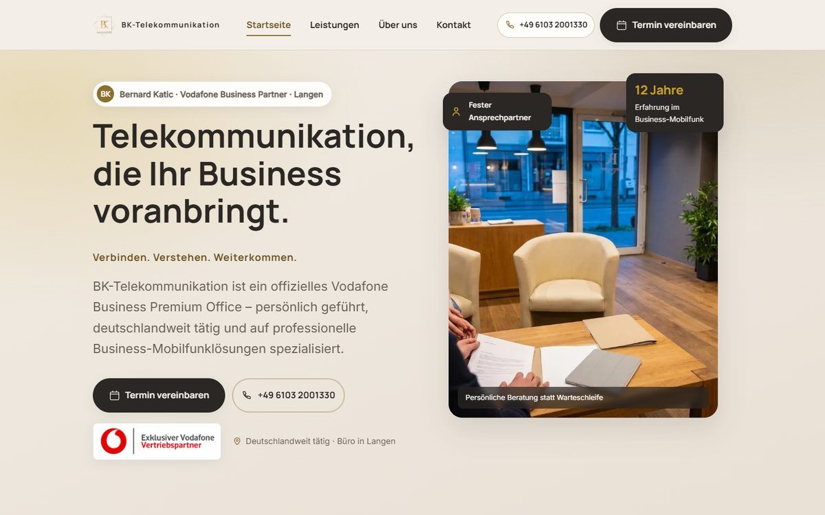 Startseite der Website von BK-Telekommunikation, umgesetzt von Web Labels mit Modiva