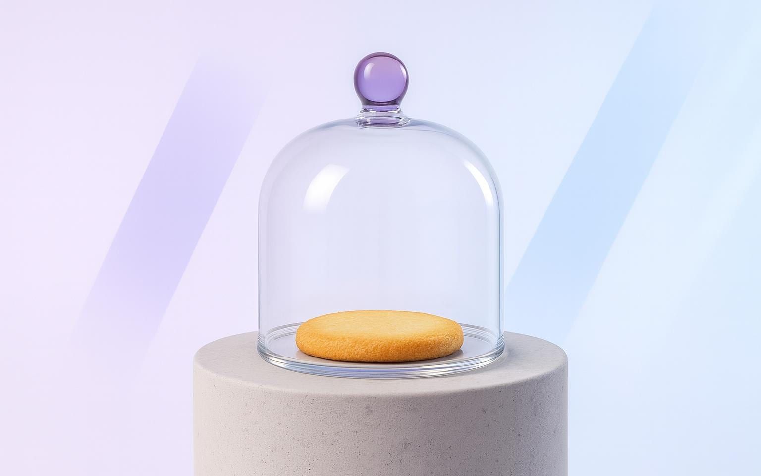 Keks unter einer Glashaube mit violettem Knauf als Sinnbild für die Cookie-Einwilligung mit Borlabs Cookie