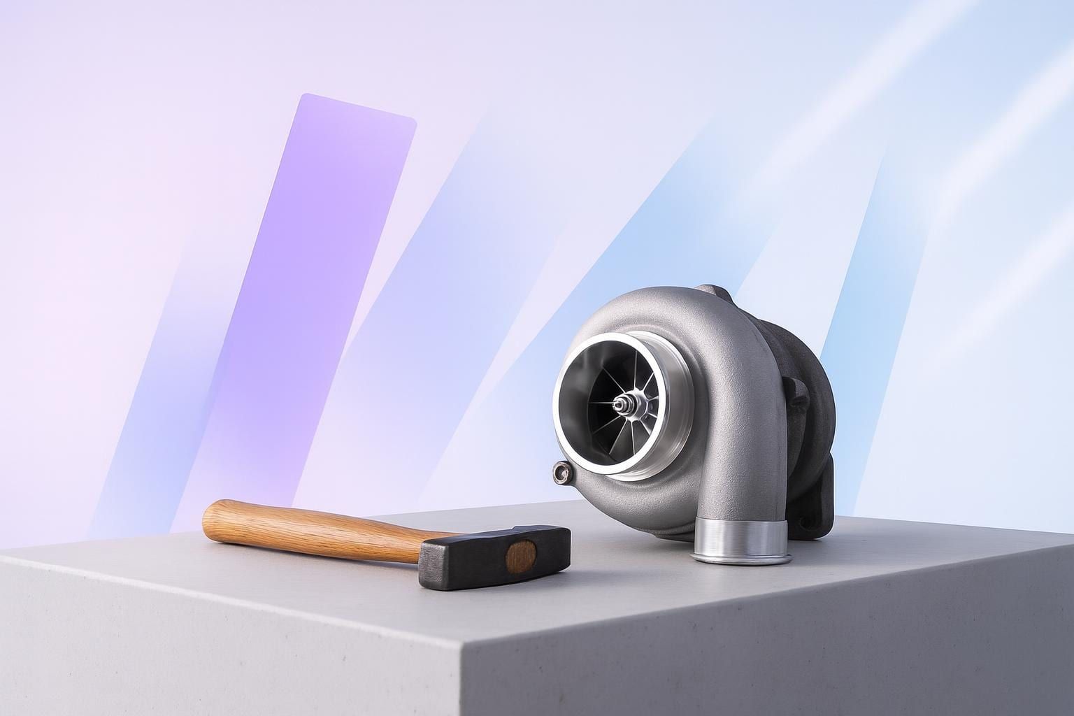 Hammer mit Holzstiel und Turbolader auf einem Betonsockel als Sinnbild für Webseiten für Handwerker