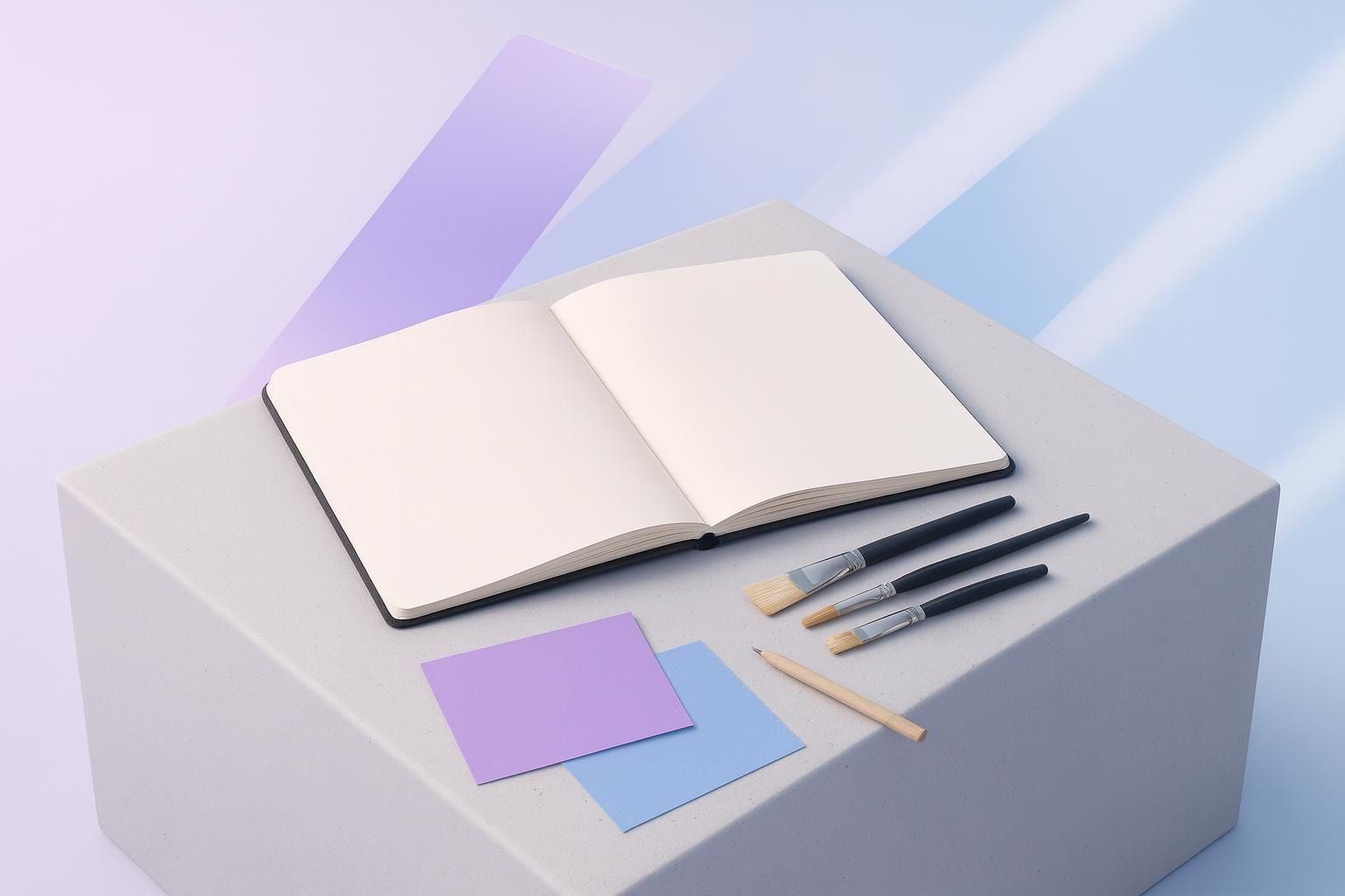 Offenes Skizzenbuch mit Pinseln, Bleistift, Papiermustern als Sinnbild für Content-Kreation