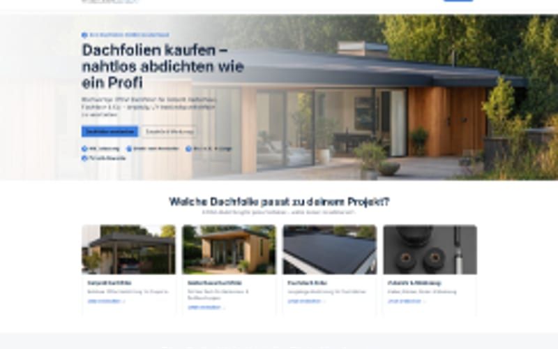 Projekt für Dachfolien kaufen: Ansicht der Website, umgesetzt von Web Labels