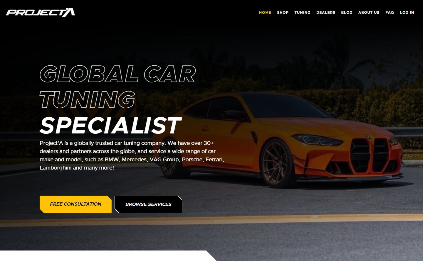 Startseite der Website von Project'A Tuning mit einem getunten BMW, Projekt von Web Labels