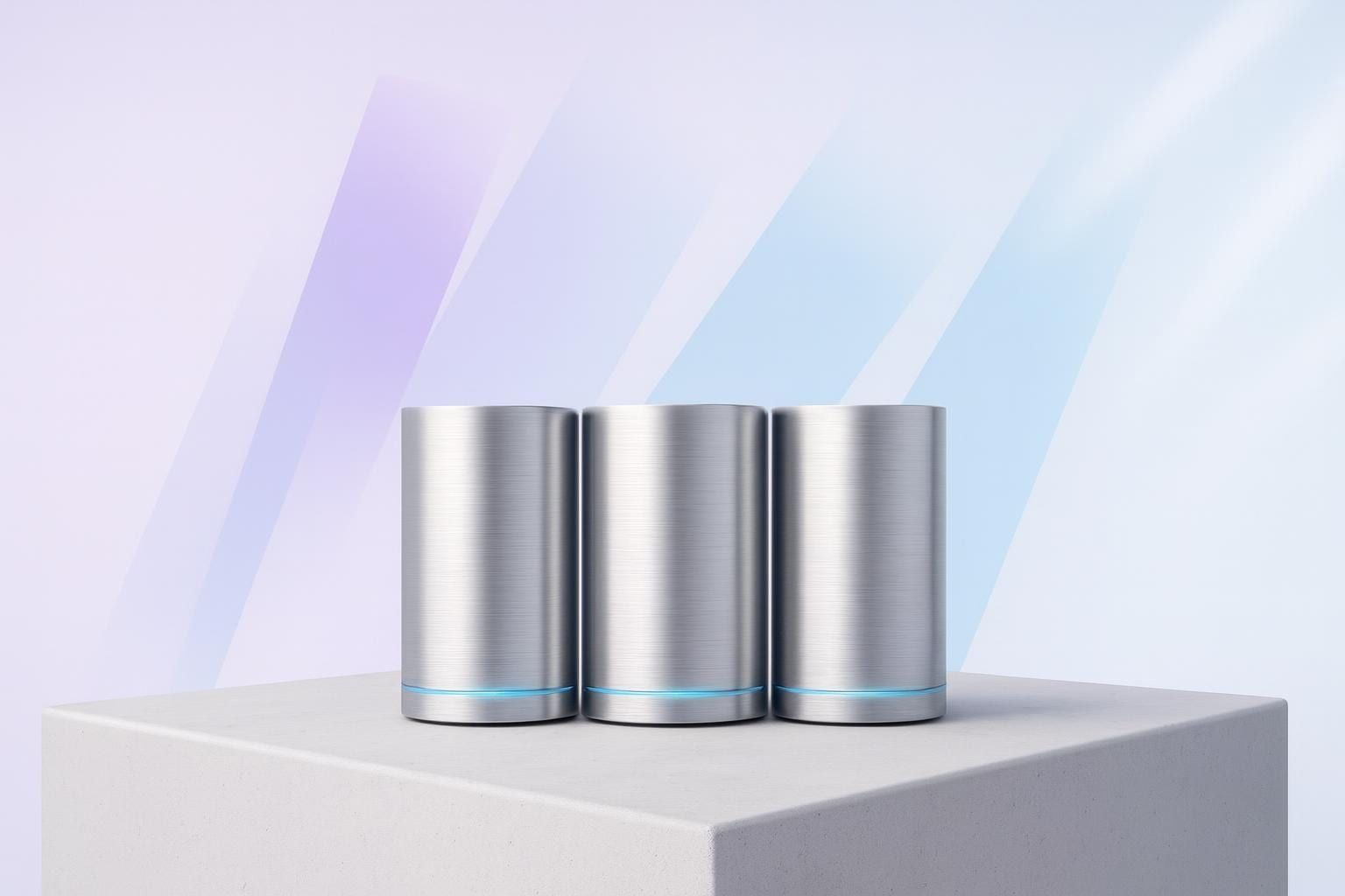 Drei Aluminiumzylinder mit blauem Lichtring als Sinnbild für Datenbank-Performance in Shopware 6