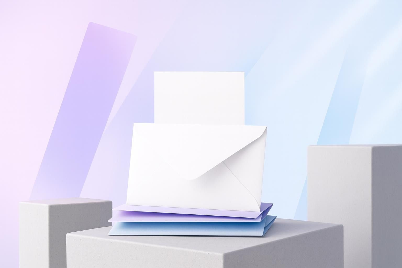 Stapel leerer Umschläge, oberster mit Karte als Sinnbild für E-Mail-Marketing