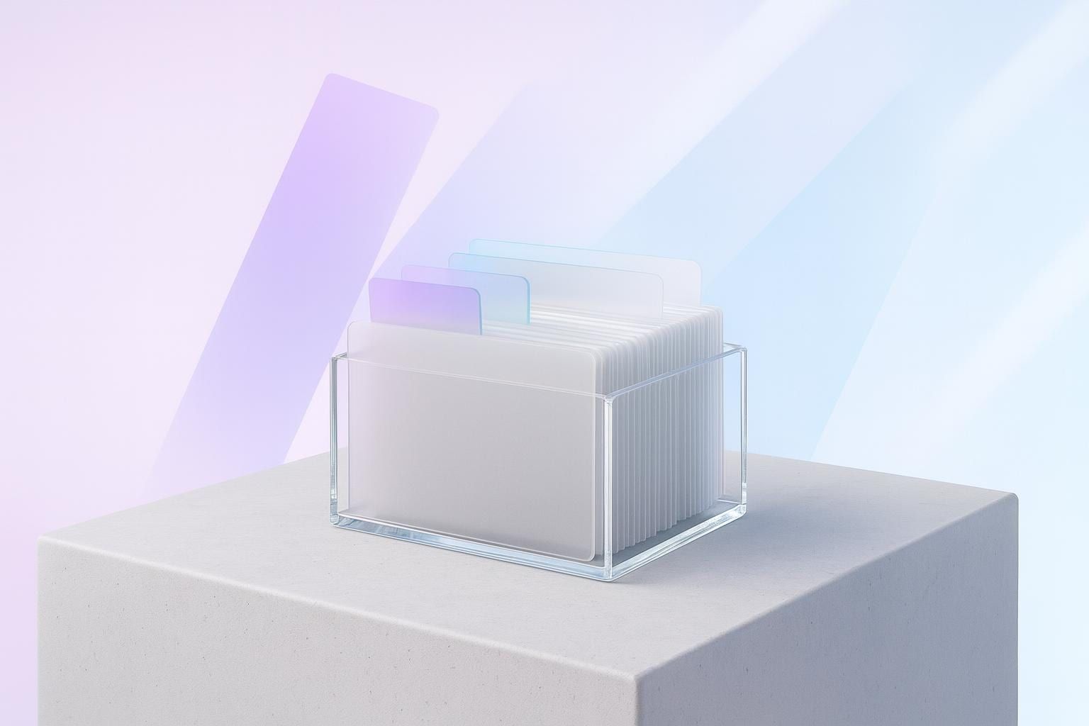 Karteikasten aus Glas mit hervorgehobenen Karten als Sinnbild für Elasticsearch in Shopware