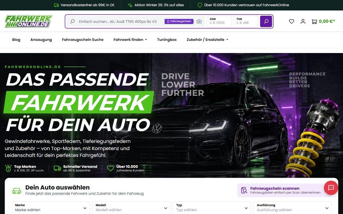 Onlineshop Fahrwerkonline, umgesetzt von Web Labels