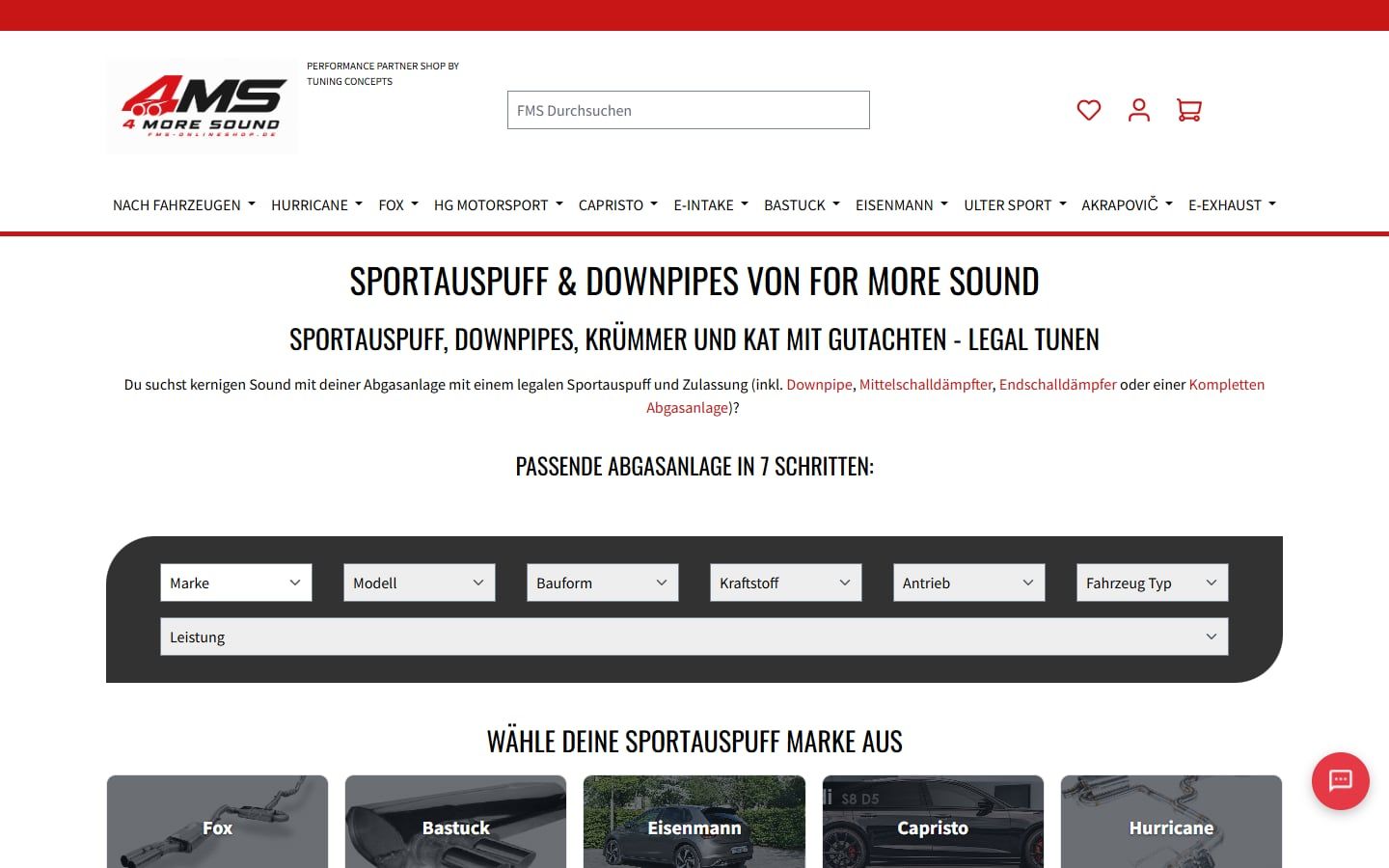 Startseite des Shopware-6-Shops FMS For More Sound mit Fahrzeugauswahl für Sportauspuffanlagen, umgesetzt von Web Labels