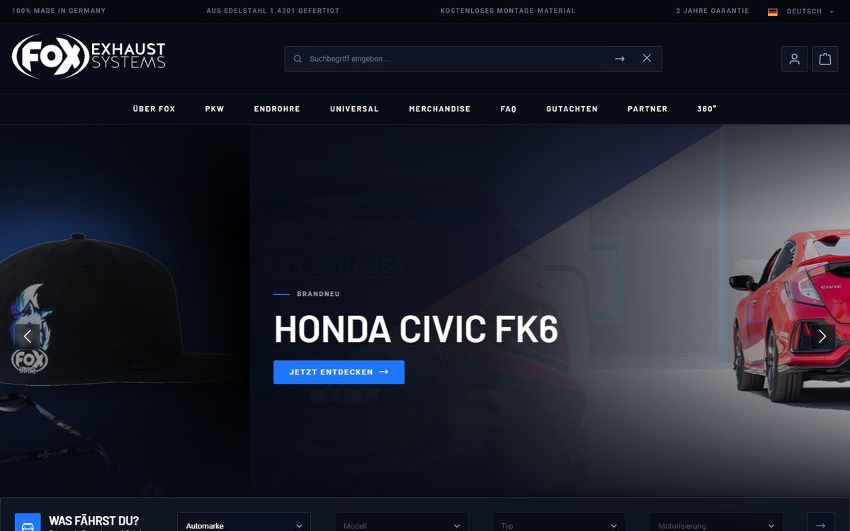 Startseite des offiziellen Onlineshops von FOX Exhaust Systems, umgesetzt von Web Labels mit Shopware