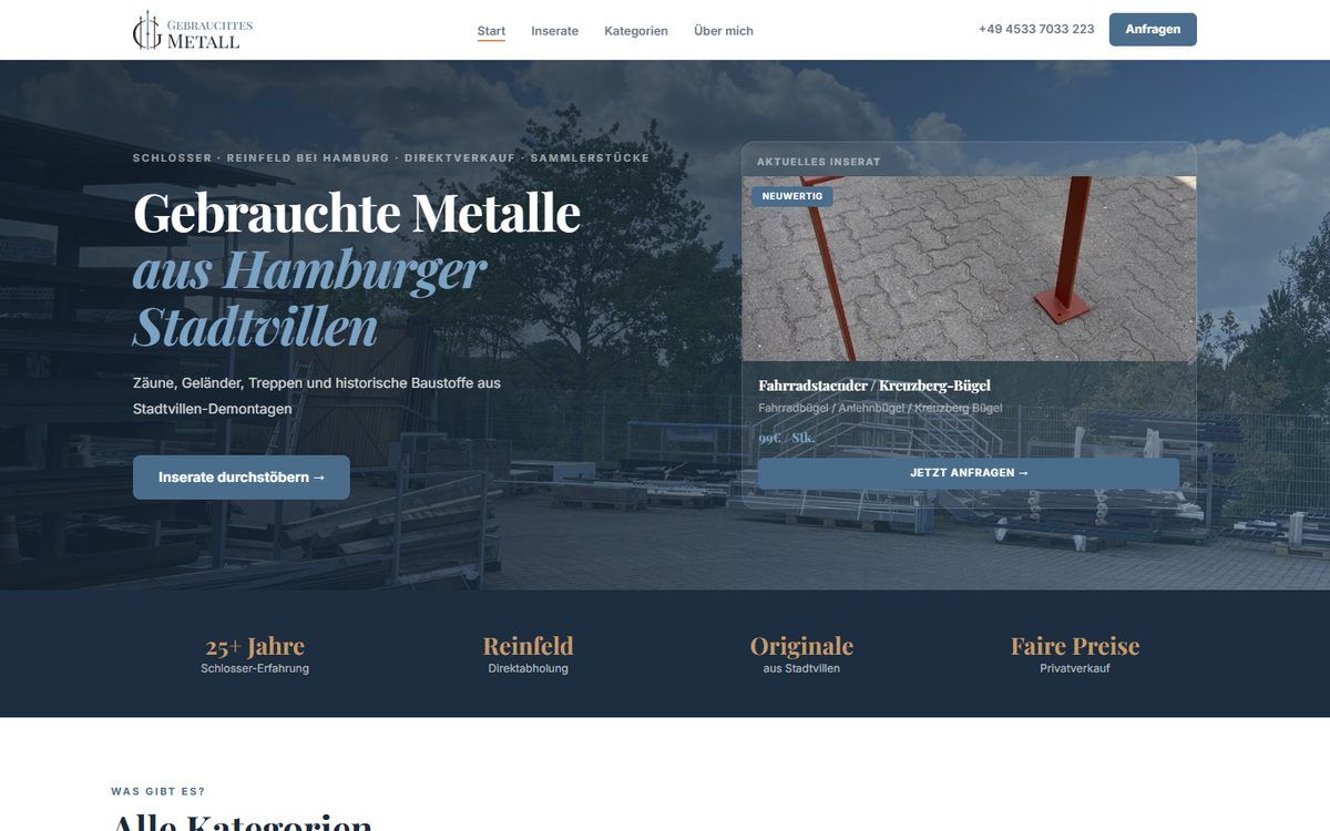 Startseite der Website von Gebrauchtes Metall, umgesetzt von Web Labels mit Modiva