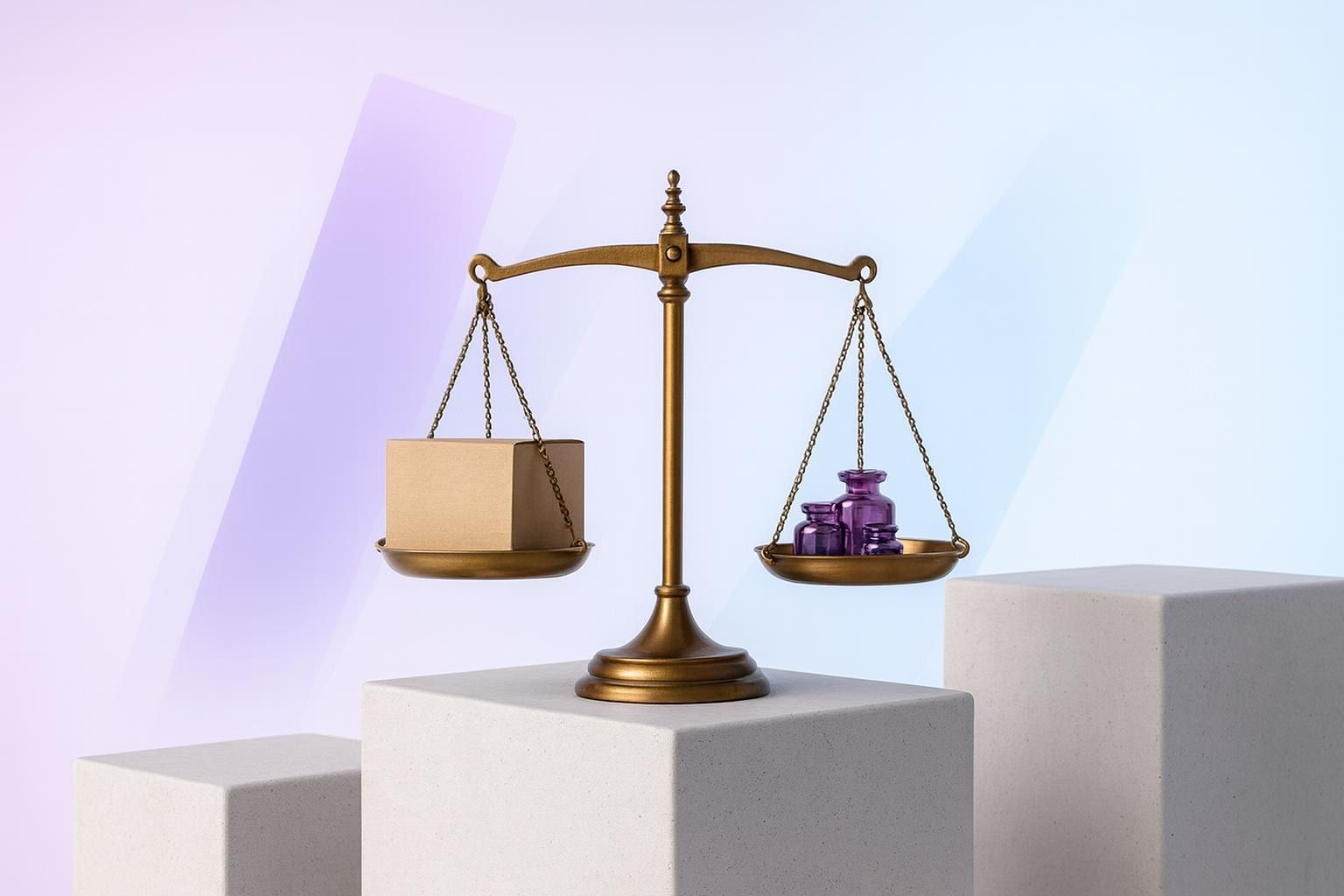 Waage mit Versandkarton und violetten Gewichten auf einem Betonsockel als Sinnbild für Google Ads auf Provision
