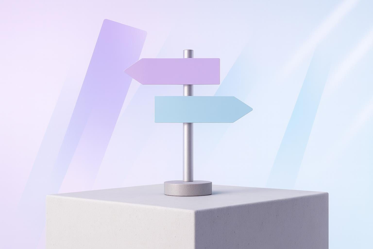 Wegweiser mit zwei Pfeilen in Violett und Hellblau auf einem Betonsockel als Sinnbild für Google Ads Kampagnen