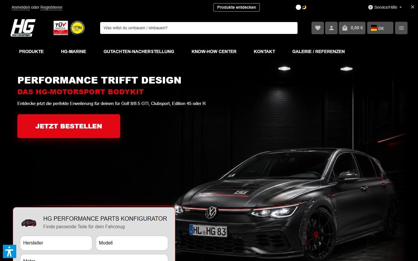 Startseite des Shopware-6-Shops von HG Motorsport mit Performance-Parts-Konfigurator, umgesetzt von Web Labels