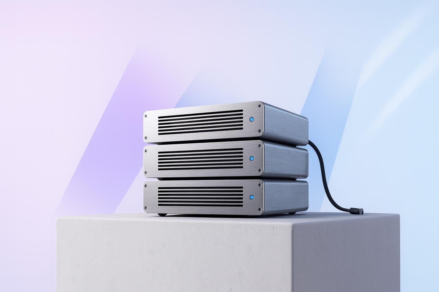Three stacked aluminium server units with blue LEDs, symbolising hosting