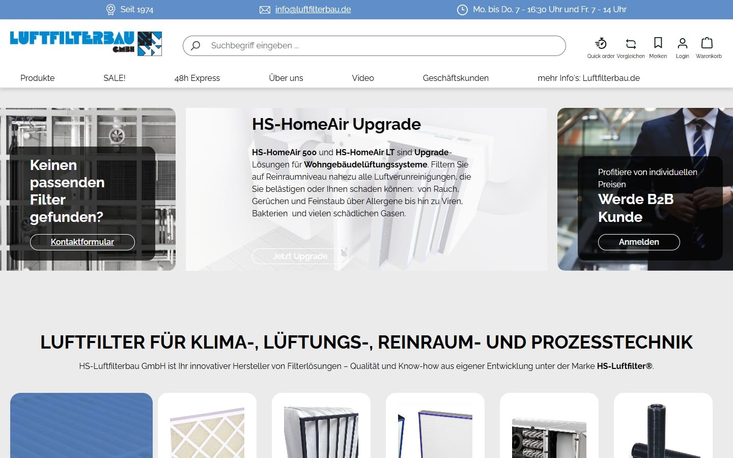 Startseite des Shopware-6-Shops der HS-Luftfilterbau GmbH für Luftfilter, umgesetzt von Web Labels